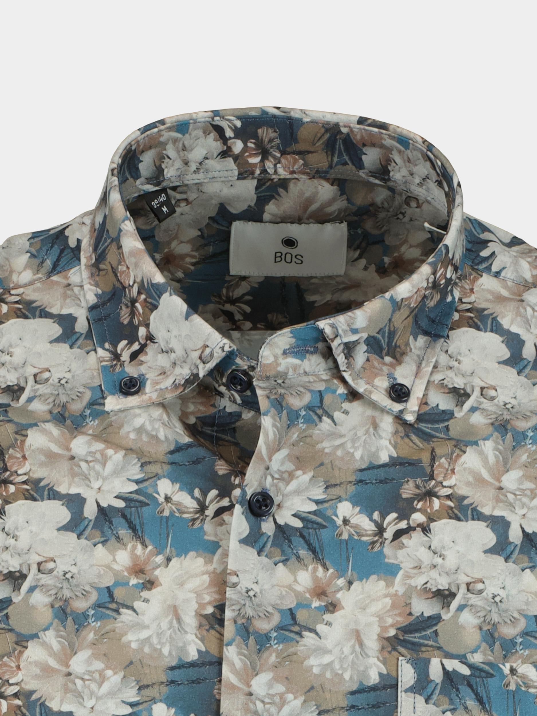 Bos Casual hemd lange mouw Blauw Blue big white flowers 21717/V04