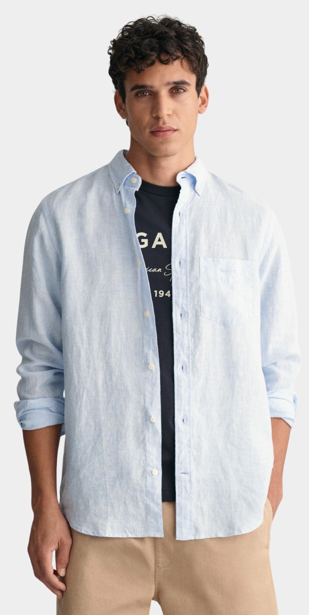 Gant Casual hemd lange mouw Blauw Linen Stripe Shirt 3240105/468