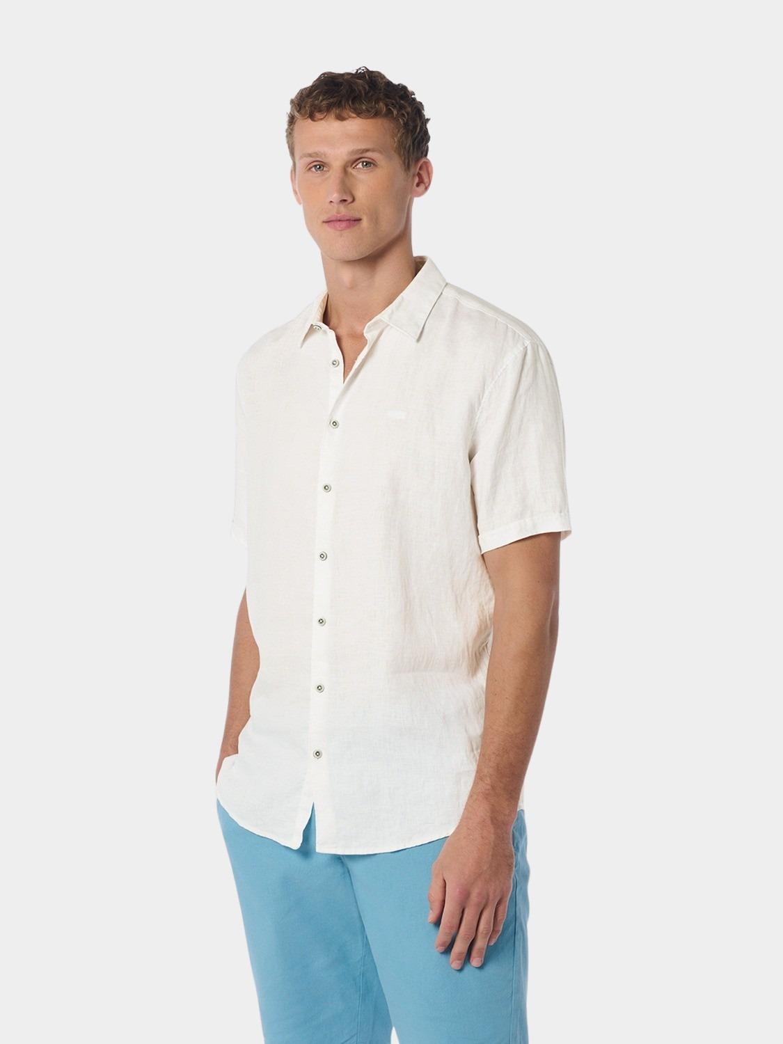 No Excess Casual hemd korte mouw Wit Shirt Short Sleeve Linen Soli 23480336SN/010